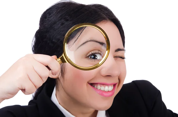 Mulher de negócios segurando lupa isolada em branco — Fotografia de Stock