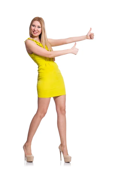 Pretty tall woman in short yellow dress — Stock Photo, Image