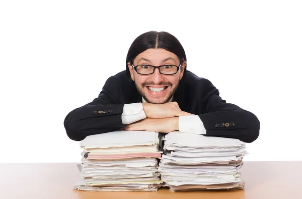 Affärsman överväldigad och stressat från pappersarbete — Stockfoto