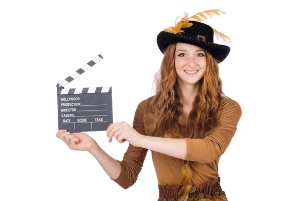 Girl in hat holding clapperboard — Stock Photo, Image