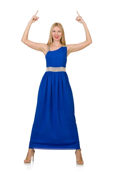 Uzun mavi elbiseli güzel kadın — Stok fotoğraf