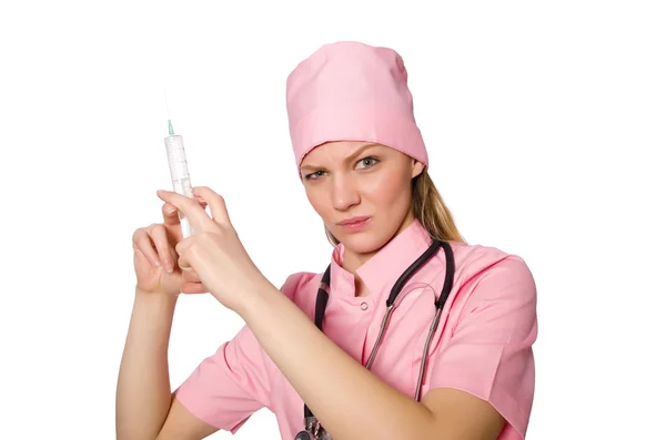 Woman doctor with syringe on white Stock Picture