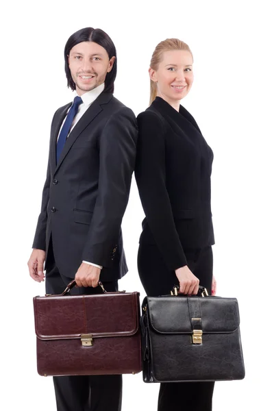 Businessman and businesswoman with briefcases isolated on white — Stock Photo, Image