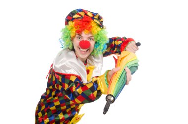 Beyaz şemsiyeli palyaço.