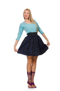 Koyu mavi etek sarı saçlı kız