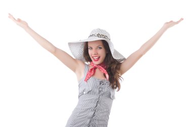 Gri çizgili elbiseli genç kadın