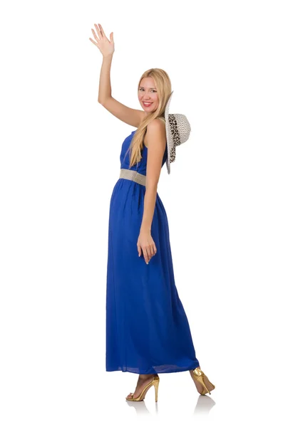 Uzun mavi elbiseli güzel kadın — Stok fotoğraf