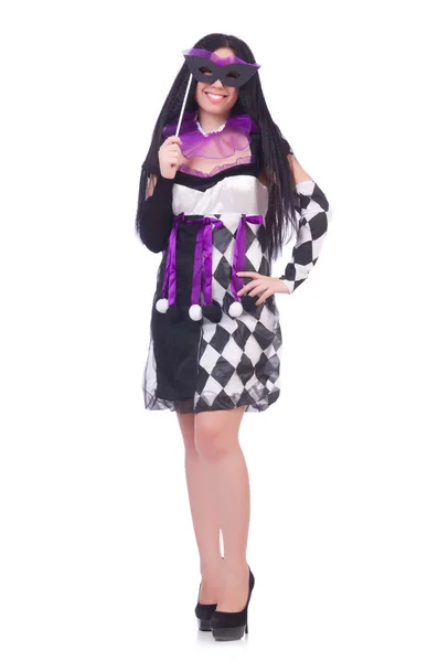 Pretty girl in jester costume isolated on white — Stock Photo, Image