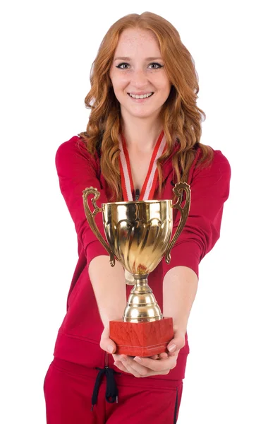 Pretty female sportsman with award — Stock Photo, Image