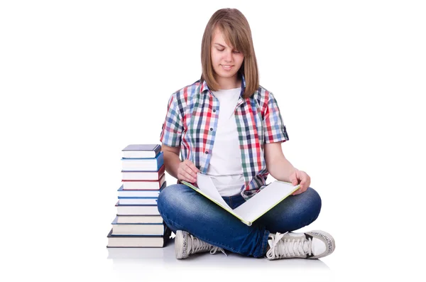 Estudante sorrindo com livros isolados em branco — Fotografia de Stock