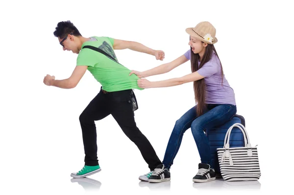 Girl and boy with suitcase isolated on white — Stock Photo, Image