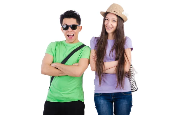 Girl and boy with suitcase isolated on white — Stock Photo, Image