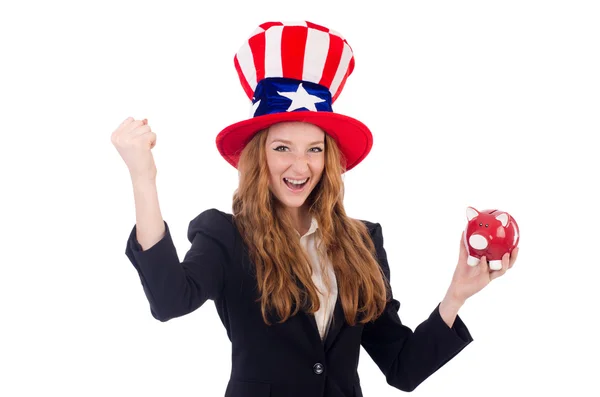 Menina bonito vestindo chapéu símbolo americano — Fotografia de Stock