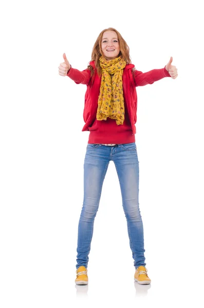 Jolie fille souriante en veste rouge et jeans — Photo