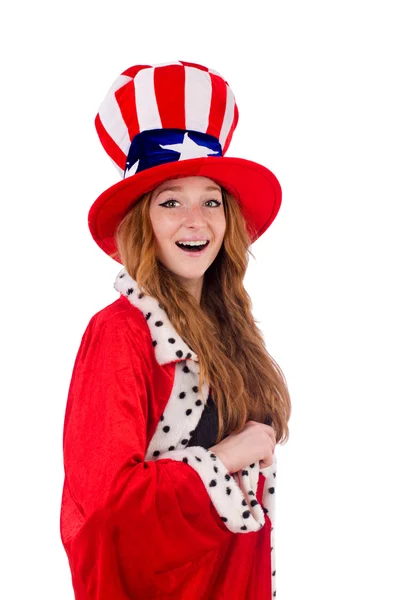 Lächelndes Mädchen mit amerikanischem Hut und königlichem Mantel — Stockfoto