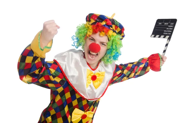 Clown con film applauso isolato su bianco — Foto Stock