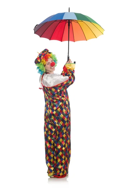 Clown met paraplu geïsoleerd op wit — Stockfoto