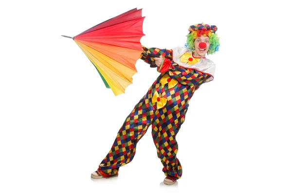 Clown met paraplu geïsoleerd op wit — Stockfoto