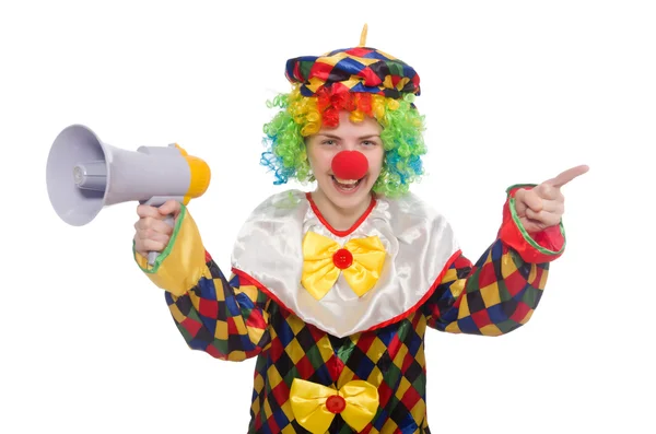 Clown mit Lautsprecher isoliert auf weiß — Stockfoto