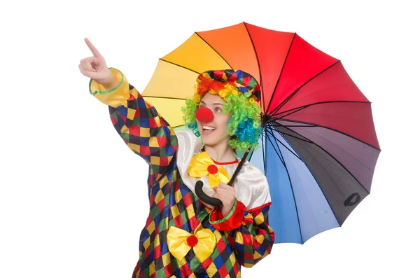 Clown with umbrella isolated on white — Stock Photo, Image