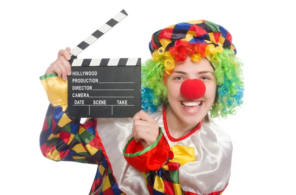 Clown avec film clapper isolé sur blanc — Photo