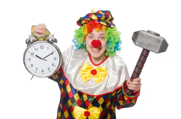 Payaso con reloj y martillo aislado en blanco — Foto de Stock