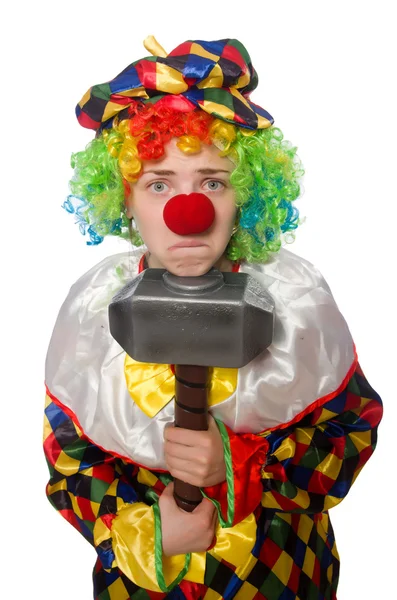 Clown met hamer geïsoleerd op wit — Stockfoto