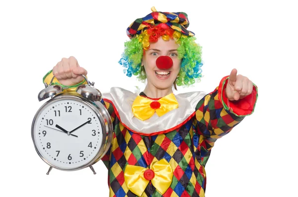 Clown met klok geïsoleerd op wit — Stockfoto