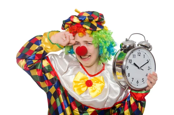 Clown with clock isolated on white — Stock Photo, Image