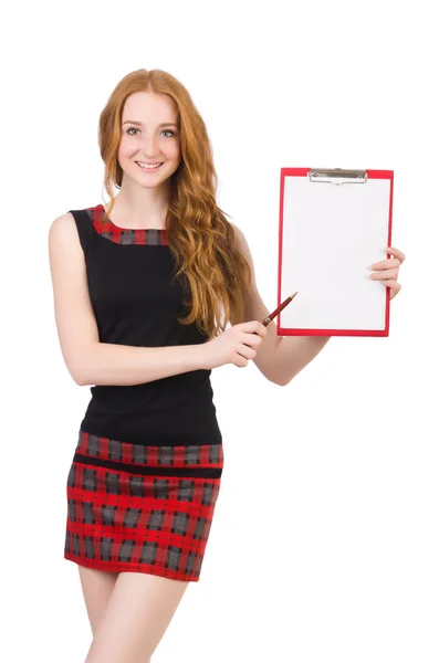 Cute girl in squared dress holding paper — Stock Photo, Image