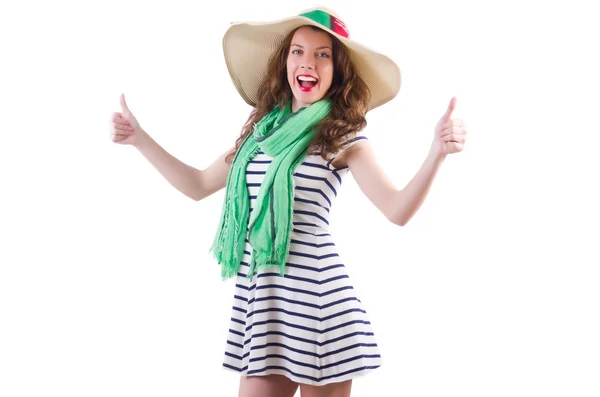 Mulher feliz no panamá e lenço verde isolado no branco — Fotografia de Stock