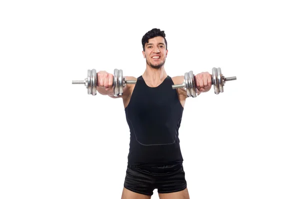 Hombre con mancuernas aisladas en blanco — Foto de Stock