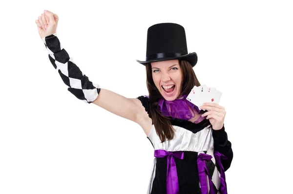 Bella ragazza in costume da giullare con le carte — Foto Stock