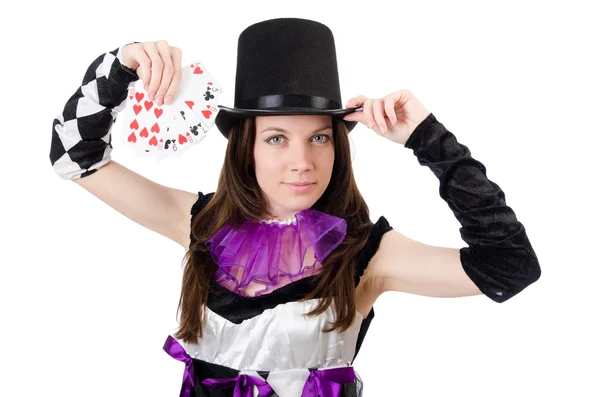 Bella ragazza in costume da giullare con le carte — Foto Stock