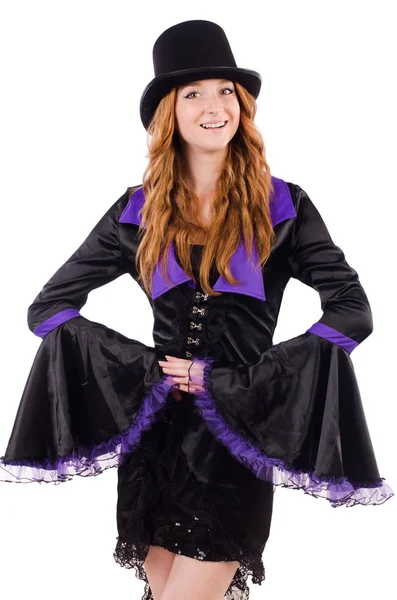 Bella ragazza in abbigliamento carnevale viola — Foto Stock