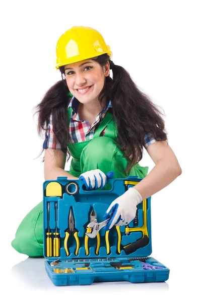 Female workman in green overalls — Stock Photo, Image