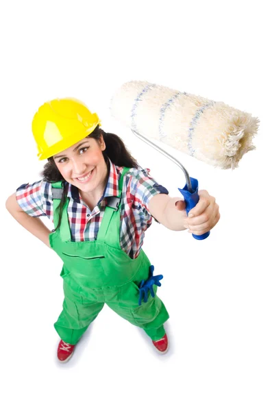 Female workman in green overalls — Stock Photo, Image