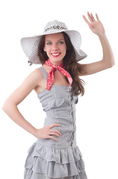 Young woman in gray striped dress — Stock Photo, Image