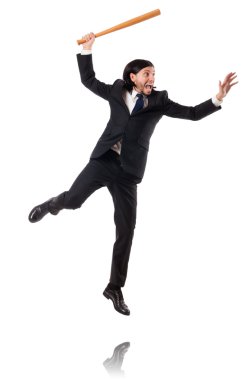 Zarif delikanlı üzerinde beyaz izole yarasa holding