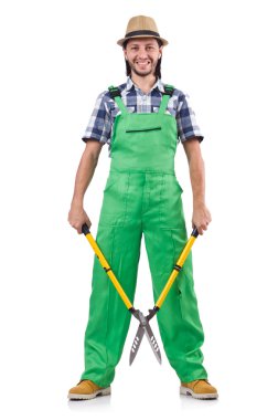 Beyaz izole makası ile komik adam