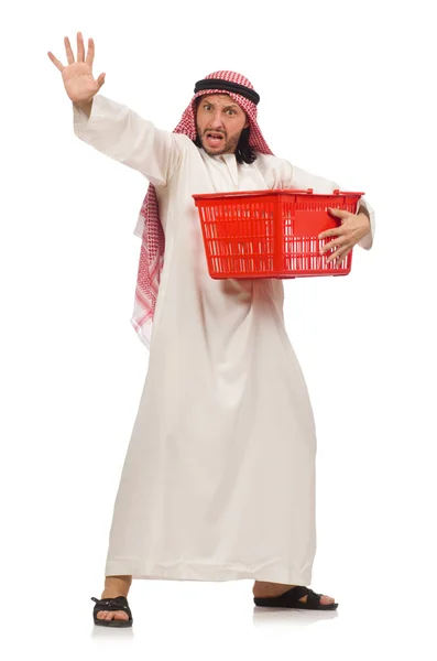 Hombre árabe haciendo compras aislado en blanco — Foto de Stock