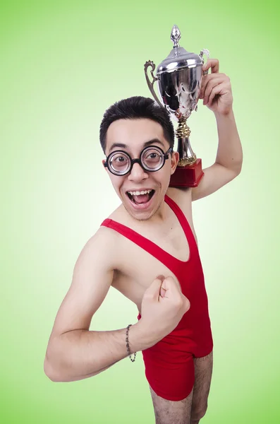 Funny wrestler with winners cup — Stock Photo, Image