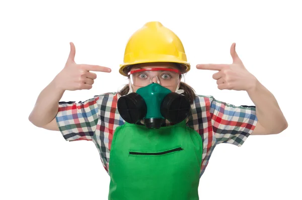 Zaměstnankyně na sobě kombinézu a plynovou masku izolované na bílém — Stock fotografie