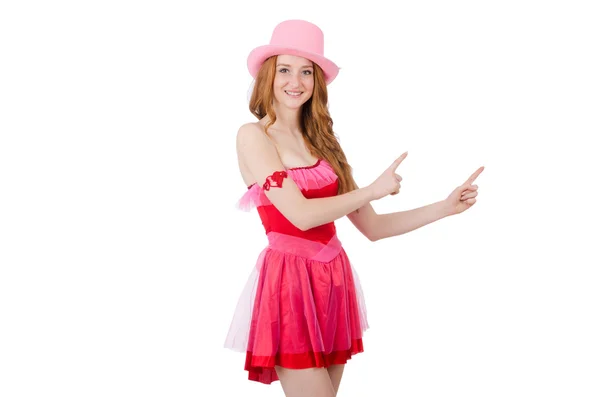 Pretty young wizard in mini pink dress isolated on white — Stock Photo, Image