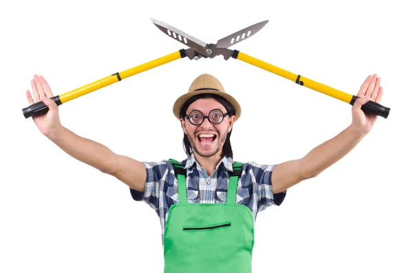 Hombre divertido con tijeras aisladas en blanco — Foto de Stock