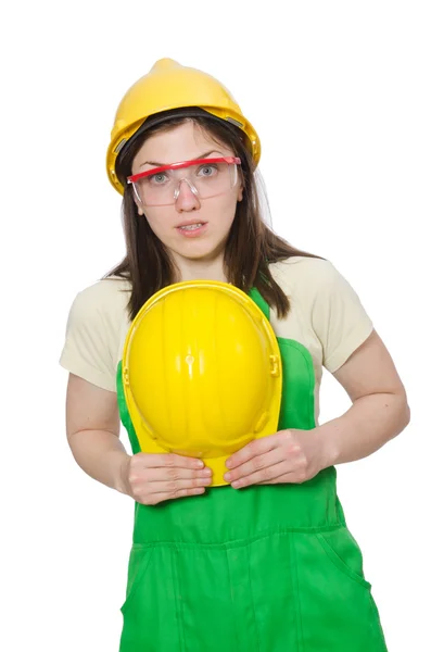 Lavoratrice che indossa tuta isolata su bianco — Foto Stock