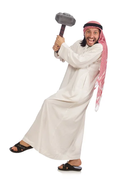 Angry arab man with hammer isolated on white — Stock Photo, Image