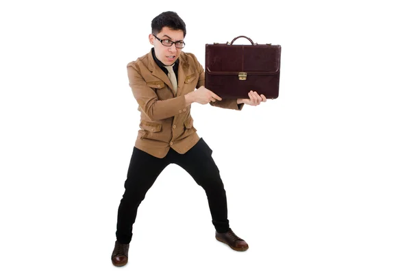 Young man with brown briefcase isolated on white — Stock Photo, Image