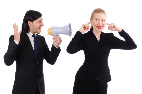 Zakenman en zakenvrouw met megafoon geïsoleerd op wit — Stockfoto