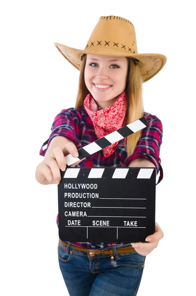 Mulher segurando clapperboard isolado em branco — Fotografia de Stock